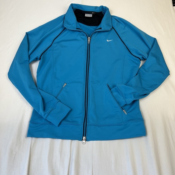 Nike Tops - Nike Womens Track Jacket Cyan Blue Full Zip Raglan Sleeve Mock Neck Medium